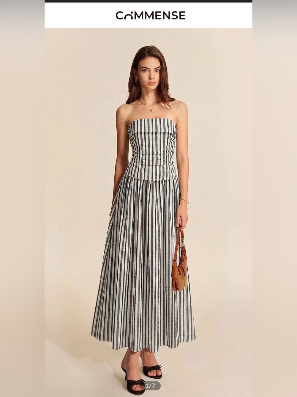 Commense Striped Strapless Cotton Linen Ruched Dress